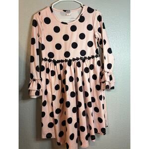 BMG Pink & Black Polka Dot Ruffle Long Sleeve Girls Dress Size 10